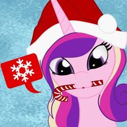 Size: 1280x1280 | Tagged: safe, artist:iraincloud, princess cadance, alicorn, pony, :3, candy, candy cane, christmas, food, hat, holiday, santa hat, solo