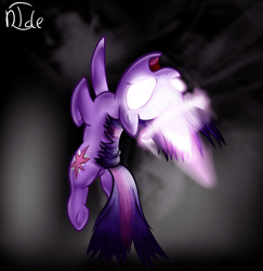 Size: 1408x1447 | Tagged: safe, artist:n1de, derpibooru import, twilight sparkle, unicorn twilight, pony, unicorn, female, floating, glowing eyes, magic overload, mare, open mouth, solo