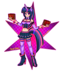 Size: 700x827 | Tagged: safe, artist:bluc, derpibooru import, twilight sparkle, human, abstract background, belly button, book, boots, clothes, cutie mark background, eared humanization, female, high heel boots, high heels, horned humanization, humanized, midriff, miniskirt, simple background, skirt, socks, solo, stars, tailed humanization, thigh highs