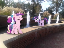 Size: 2048x1536 | Tagged: safe, artist:tokkazutara1164, princess cadance, twilight sparkle, pony, filly, fountain, irl, outdoors, photo, ponies in real life, vector