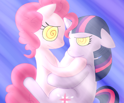 Size: 1050x875 | Tagged: safe, artist:buttercupsaiyan, derpibooru import, pinkie pie, twilight sparkle, earth pony, pony, unicorn, crepuscular rays, female, hug, hypnosis, lesbian, mare, shipping, swirly eyes, twinkie