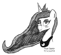 Size: 938x851 | Tagged: safe, artist:mane-shaker, princess luna, alicorn, pony, blushing, looking at you, monochrome, solo, tongue out, traditional art