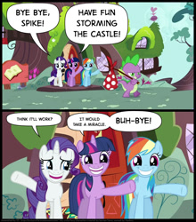 Size: 873x994 | Tagged: artist needed, safe, derpibooru import, rainbow dash, rarity, spike, twilight sparkle, unicorn twilight, dragon, pegasus, pony, unicorn, dragon quest, bindle, female, golden oaks library, have fun storming the castle, male, mare, movie reference, smiling, the princess bride, waving