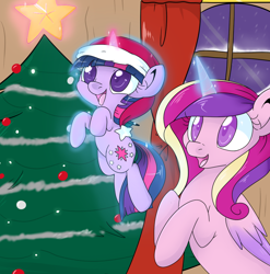 Size: 950x960 | Tagged: safe, artist:lustrous-dreams, princess cadance, twilight sparkle, alicorn, pony, unicorn, ask filly twilight, christmas, christmas tree, cute, cutedance, female, filly, hat, holiday, mare, santa hat, tree, twiabetes