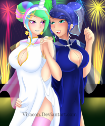 Size: 1000x1200 | Tagged: safe, artist:viracon, princess celestia, princess luna, human, blushing, boob window, breasts, cheongsam, cleavage, clothes, dress, earring, female, fireworks, grin, headband, holding hands, hug, humanized, light skin, open mouth, princess balloona, princess breastia, smiling, thigh highs