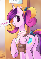 Size: 580x831 | Tagged: safe, artist:ende26, princess cadance, alicorn, pony, glasses, lovebutt, plot, saddle bag, solo, teen princess cadance, younger