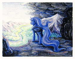 Size: 1870x1475 | Tagged: safe, artist:dahtamnay, princess luna, alicorn, pony, cliff, cloud, cloudy, forest, looking up, mountain, river, scenery, sky, solo, stormcloud, thunderstorm, traditional art