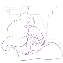 Size: 900x900 | Tagged: safe, artist:goat train, princess celestia, oc, oc:anon, human, fireplace, hug, monochrome, winghug