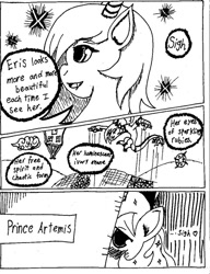 Size: 738x960 | Tagged: safe, artist:the1king, discord, eris, prince artemis, princess luna, alicorn, pony, arteris, manga, monochrome, rule 63