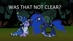 Size: 1280x720 | Tagged: safe, edit, edited screencap, screencap, princess luna, twilight sparkle, unicorn twilight, alicorn, pony, unicorn, luna eclipsed, female, mare, nightmare night, text