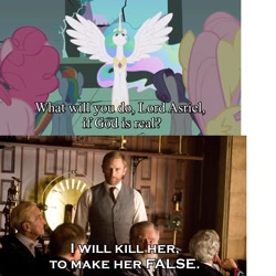 Size: 1200x1200 | Tagged: safe, edit, princess celestia, alicorn, human, pony, crossover, drama, ethereal mane, female, flat earth atheist, his dark materials saga, image macro, lord asriel, male, mare, naytheist, the golden compass