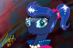 Size: 1655x1104 | Tagged: safe, artist:selenophile, princess luna, alicorn, pony, 80s, alternate hairstyle, glasses, missing accessory, missing horn, piercing, portrait, signature, solo