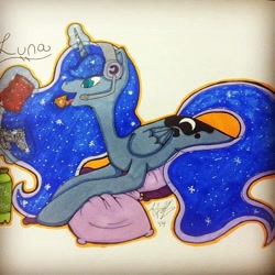 Size: 640x640 | Tagged: safe, artist:crash-course-master, princess luna, alicorn, pony, food, gamer luna, headphones, solo, traditional art