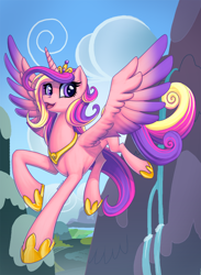 Size: 880x1200 | Tagged: safe, artist:pinkuh, princess cadance, alicorn, pony, female, flying, looking at you, mare, open mouth, smiling, solo, spread wings