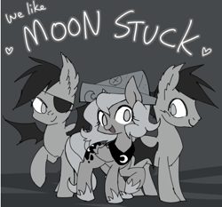 Size: 500x465 | Tagged: safe, artist:kolshica, artist:pasikon, princess luna, oc, oc:frolicsome meadowlark, oc:sunshine smiles (egophiliac), bat pony, pony, cartographer's cap, filly, grayscale, hat, monochrome, moonstuck, woona