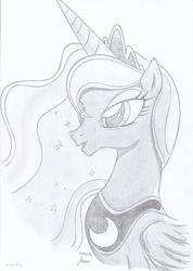 Size: 911x1280 | Tagged: safe, artist:moaja, princess luna, alicorn, pony, black and white, grayscale, monochrome, portrait, solo, traditional art