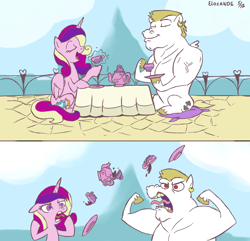 Size: 1000x964 | Tagged: safe, artist:elosande, artist:rustydooks, bulk biceps, princess cadance, alicorn, pegasus, pony, comic, eyes closed, female, majestic as fuck, male, mare, open mouth, roid rage, stallion, table, tea, tea party, teacup, teapot, yeah