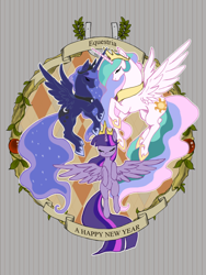 Size: 1500x2000 | Tagged: safe, artist:wolhim, princess celestia, princess luna, twilight sparkle, twilight sparkle (alicorn), alicorn, pony, eyes closed, female, mare, old banner, pixiv, spread wings