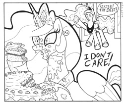 Size: 1192x1000 | Tagged: safe, artist:abronyaccount, princess celestia, princess luna, alicorn, pony, cake, cakelestia, frosting, lineart, messy, monochrome