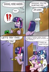 Size: 1968x2847 | Tagged: safe, artist:ciriliko, princess cadance, shining armor, twilight sparkle, alicorn, pony, unicorn, ..., bait and switch, blushing, book, brushing, bubblegum, comic, creeper, dialogue, fake out, female, food, glasses, grammar error, gum, innuendo, male, mare, minecraft, open mouth, speech bubble, stallion, twibitch sparkle, zas