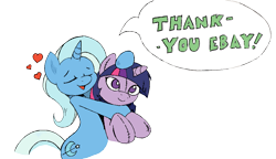 Size: 909x524 | Tagged: safe, artist:joey darkmeat, derpibooru import, trixie, twilight sparkle, pony, unicorn, dialogue, ebay, equestria daily, eyes closed, female, heart, lesbian, mare, plushie, shipping, simple background, smiling, speech bubble, transparent background, twidoll, twixie, vector