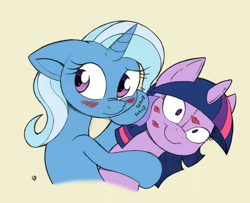 Size: 946x770 | Tagged: safe, artist:joey darkmeat, derpibooru import, trixie, twilight sparkle, pony, unicorn, blushing, female, floppy ears, kiss mark, lesbian, mare, plushie, scrubbing, shipping, simple background, twidoll, twixie