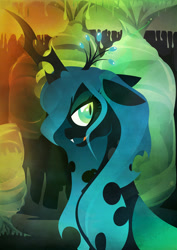 Size: 1358x1920 | Tagged: safe, artist:rariedash, queen chrysalis, changeling, changeling queen, fangs, female, floppy ears, horn, lineless, looking at you, open mouth, profile, smiling, solo, wallpaper
