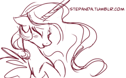 Size: 1200x744 | Tagged: safe, artist:stepandy, princess celestia, alicorn, pony, blushing, cute, cutelestia, eyes closed, monochrome, sketch, solo