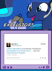 Size: 563x769 | Tagged: safe, princess luna, bronies: the musical, excelsior, excited, exploitable meme, happy, meme, obligatory pony, stan lee, tv meme, twitter