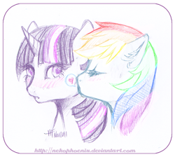 Size: 670x599 | Tagged: safe, artist:nekophoenix, derpibooru import, rainbow dash, twilight sparkle, pegasus, pony, unicorn, blushing, female, kiss on the cheek, kissing, lesbian, mare, shipping, twidash