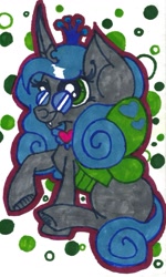 Size: 1014x1687 | Tagged: safe, artist:krazykari, queen chrysalis, reversalis, changeling, changeling queen, female, horn, solo