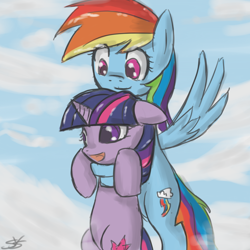 Size: 900x900 | Tagged: safe, artist:speccysy, derpibooru import, rainbow dash, twilight sparkle, pegasus, pony, unicorn, carrying, female, flying, holding a pony, lesbian, mare, shipping, sky, smiling, twidash