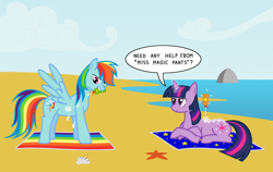 Size: 1280x810 | Tagged: safe, artist:evaxilth, derpibooru import, rainbow dash, twilight sparkle, pegasus, pony, unicorn, beach, female, lesbian, mare, mouth hold, ocean, prone, shipping, sunscreen, twidash, water