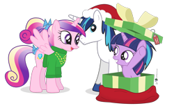 Size: 1700x1040 | Tagged: safe, artist:dm29, princess cadance, shining armor, twilight sparkle, alicorn, pony, unicorn, clothes, cute, hat, present, santa hat, simple background, sweater, transparent background, trio