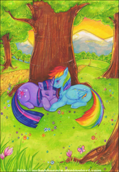 Size: 575x830 | Tagged: safe, artist:nekophoenix, derpibooru import, rainbow dash, twilight sparkle, pegasus, pony, unicorn, female, lesbian, mare, nap, prone, shipping, sleeping, tree, twidash, under the tree