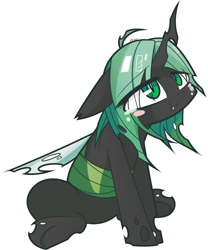 Size: 724x870 | Tagged: safe, artist:aurura, queen chrysalis, changeling, changeling queen, blushing, pixiv, solo