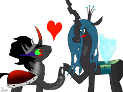 Size: 1024x768 | Tagged: safe, king sombra, queen chrysalis, changeling, changeling queen, pony, unicorn, blushing, chrysombra, couple, female, heart, male, shipping, straight