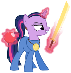 Size: 4852x4994 | Tagged: safe, artist:zutheskunk traces, derpibooru import, twilight sparkle, pony, unicorn, absurd resolution, alternate hairstyle, crossover, female, grin, lba, levitation, lidded eyes, little big adventure, magic, mare, medal, necklace, ponytail, simple background, smiling, solo, sword, telekinesis, transparent background, twinsen, vector, vector trace, weapon