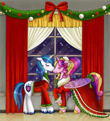 Size: 1200x1327 | Tagged: safe, artist:tinuleaf, princess cadance, shining armor, alicorn, pony, unicorn, christmas, clothes, dress, kissing, snow