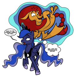 Size: 1242x1280 | Tagged: safe, artist:secoh2000, artist:venezolanbrony, edit, manny roar, princess luna, alicorn, manticore, pony, dialogue, levitation, magic, monster, thought bubble, working