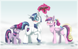 Size: 1024x643 | Tagged: safe, artist:inuhoshi-to-darkpen, princess cadance, shining armor, twilight sparkle, alicorn, pony, unicorn, blushing, chest fluff, female, filly, holly, holly mistaken for mistletoe, male, shiningcadance, shipper on deck, shipping, snow, straight, twilight the shipper, unshorn fetlocks