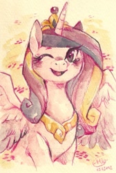 Size: 467x694 | Tagged: safe, artist:mi-eau, princess cadance, alicorn, pony, bust, cute, cutedance, female, looking at you, mare, open mouth, portrait, smiling, solo, spread wings, traditional art, wink