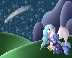 Size: 1280x1024 | Tagged: safe, artist:itsuko103, princess celestia, princess luna, alicorn, pony, night, s1 luna, shooting star