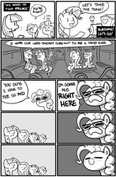 Size: 594x913 | Tagged: safe, artist:zicygomar, derpibooru import, fluttershy, pinkie pie, rainbow dash, rarity, twilight sparkle, earth pony, pegasus, pony, unicorn, comic, desperation, female, friendship express, hiimdaisy, implied pissing, mare, monochrome, need to pee, omorashi, parody, persona, persona 4, potty emergency, potty time