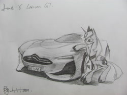 Size: 3648x2736 | Tagged: safe, artist:lililioon, princess luna, alicorn, pony, car, citroën, gt by citroën, monochrome, smiling, solo, supercar, touch, traditional art, vehicle