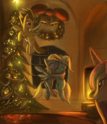 Size: 1545x1800 | Tagged: safe, artist:raikoh, derpy hooves, princess cadance, spitfire, trixie, alicorn, pegasus, pony, bells, christmas, christmas tree, competition:derpibooru 2012, female, fire, holiday, hug, interior, mare, tree, wreath