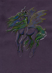 Size: 1800x2500 | Tagged: safe, artist:amber-wind, queen chrysalis, changeling, changeling queen, fangs, female, horn, solo