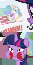 Size: 460x900 | Tagged: safe, edit, edited screencap, screencap, princess celestia, twilight sparkle, twilight sparkle (alicorn), alicorn, pony, ponyville confidential, twilight time, cake, cakelestia, comparison, eating, female, like mentor like student, majestic as fuck, mare, messy eating, that pony sure does love burgers, twilight burgkle