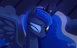 Size: 2560x1600 | Tagged: safe, artist:mysticalpha, princess luna, alicorn, pony, female, looking at you, mare, one eye closed, smiling, solo, spread wings, wallpaper, wink