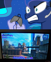 Size: 523x636 | Tagged: safe, princess luna, alicorn, pony, dc universe online, exploitable meme, gamer luna, glitch, meme, obligatory pony, playstation 3, sony, tv meme